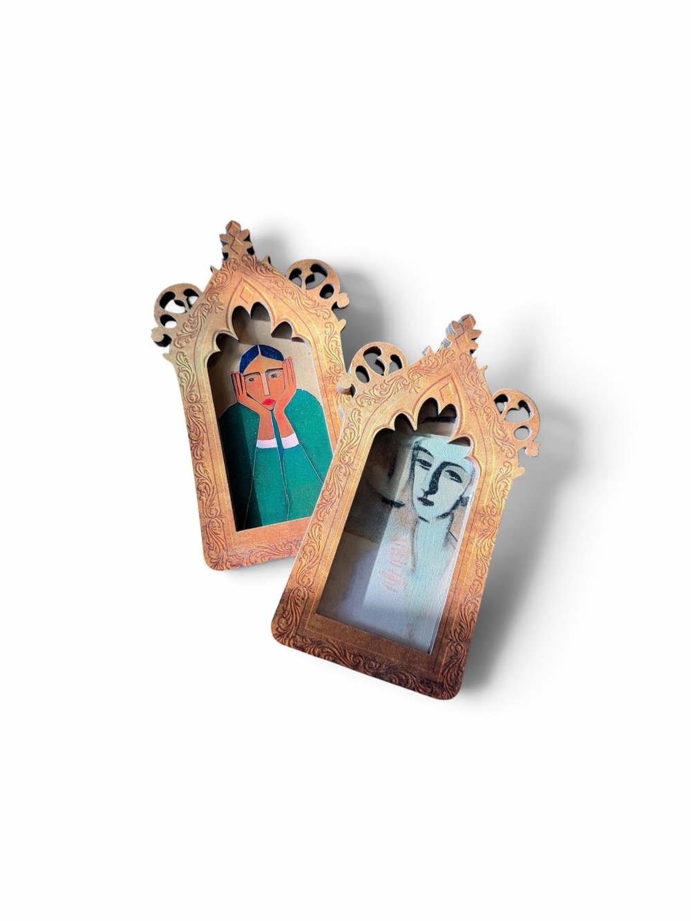Set of 2 Folk Art Portraits Ornate Gothic Wood Frames Boho Eclectic Wall Decor